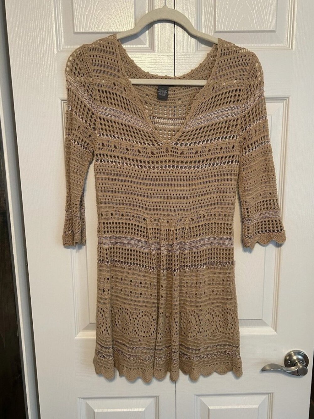CHELSEA & THEODORE Women's Tan Knitted Crochet Scoop Neck Tunic Top S